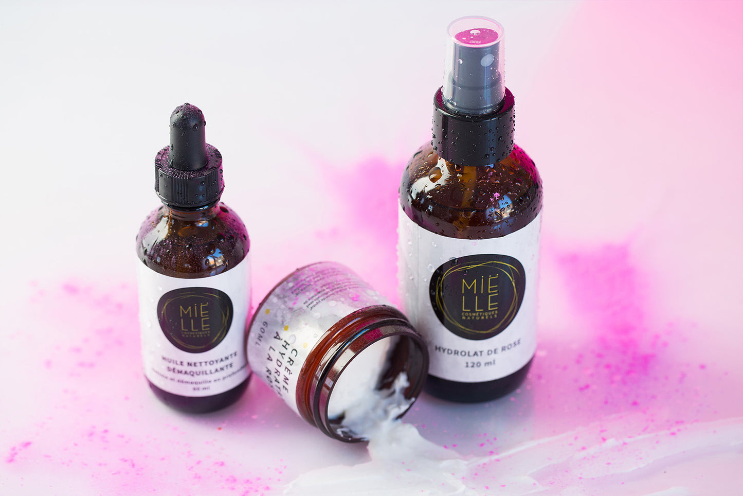 Trio soins du visage : Huile nettoyante démaquillante - Hydrolat de rose - Crème à la rose