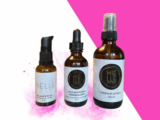 Trio soins du visage: Huile nettoyante démaquillante-Hydrolat de rose-Gel coup d'Éclat