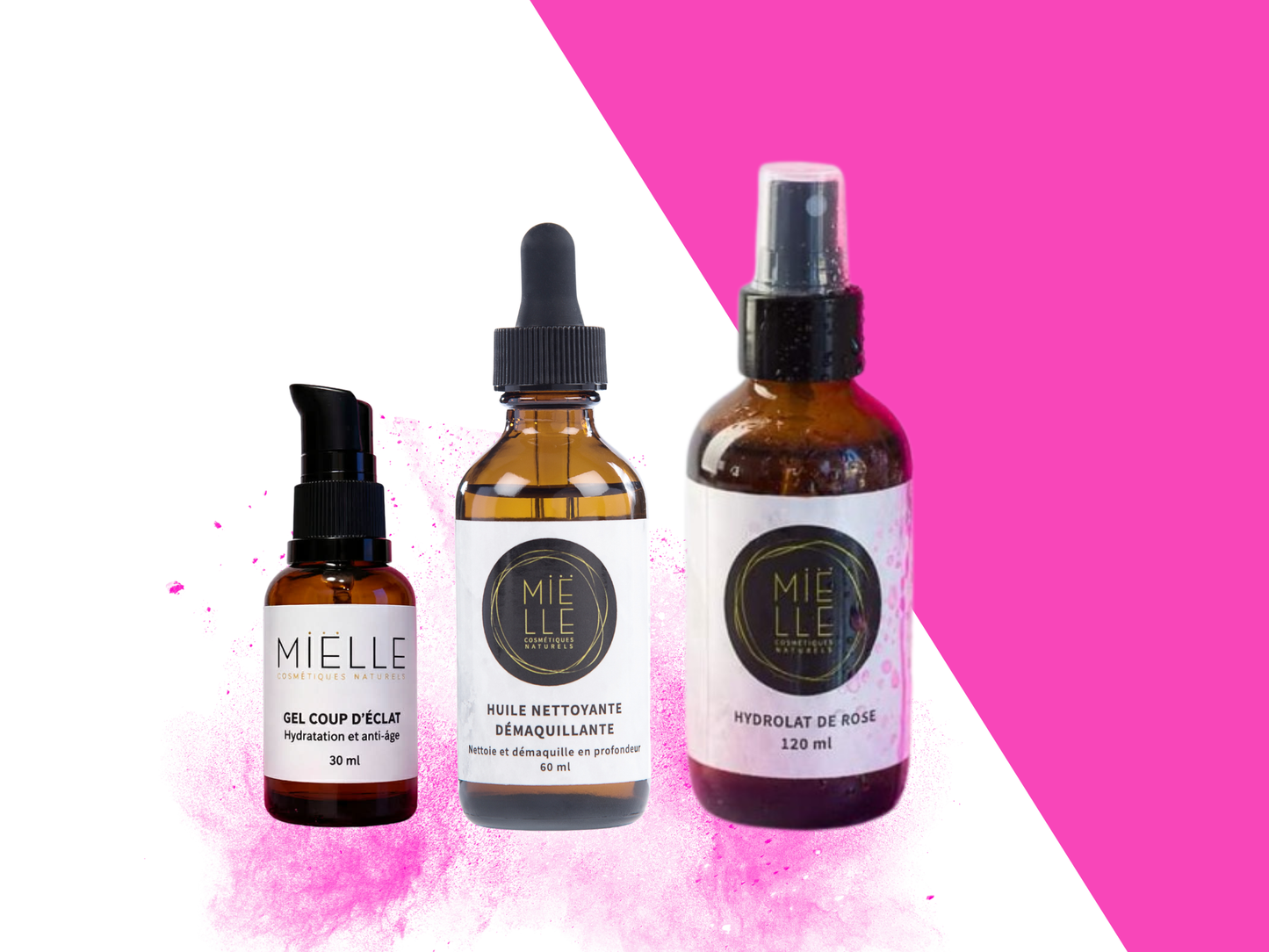 Trio soins du visage: Huile nettoyante démaquillante-Hydrolat de rose-Gel coup d'Éclat